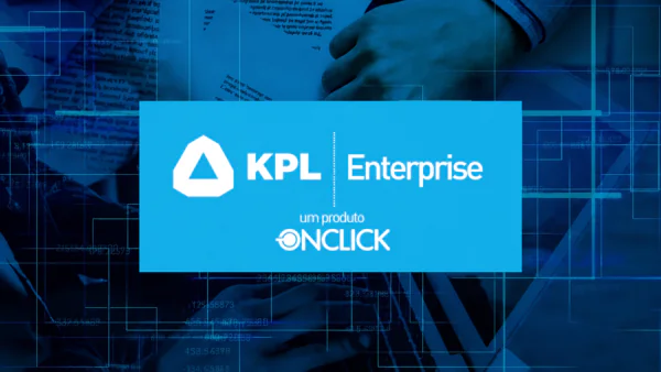 Logotipo do KPL Enterprise centralizado sobre um fundo azul vibrante, com o texto 'um produto ONCLICK' logo abaixo. A imagem está sobreposta a um gráfico digital tecnológico em tons de azul, exibindo linhas de conexão, números e dados de rede que sugerem alta performance, análise de dados e tecnologia de ponta. Representa a solução KPL Enterprise, um sistema de gestão ERP robusto para grandes operações de e-commerce que exigem alta capacidade de processamento, automação fiscal e escalabilidade, desenvolvido pela ONCLICK